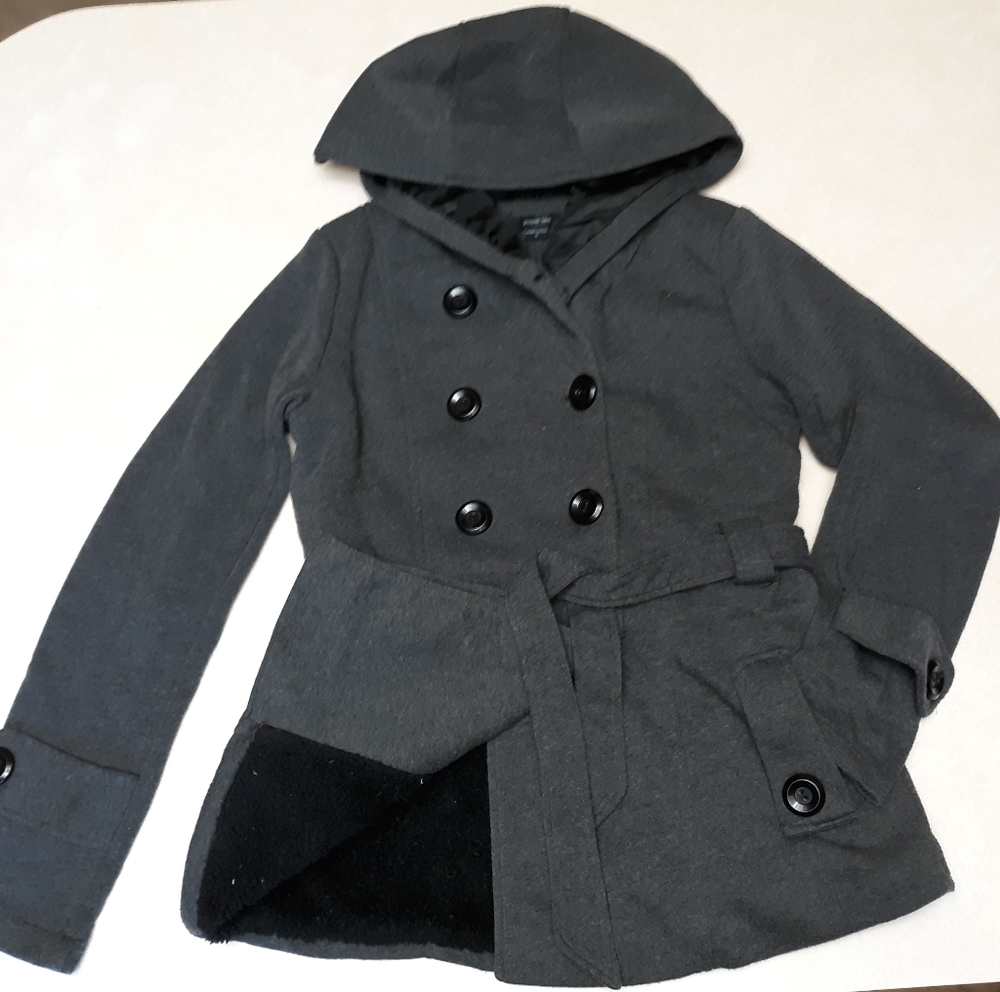 A grey/black pea coat with a hood. BRAND NEW